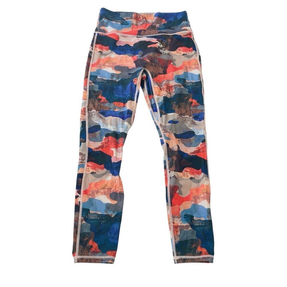 FABLETICS HIGH WAISTED LEGGINGS SZ SMALL ROYAL BLUE ORANGE CAMO PHONE POCKET - Picture 15 of 16